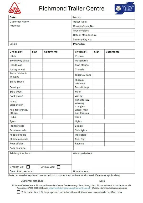 Richmond Trailer Centre NTTA trailer service checklist covering hitch, brakes, bearings, axles, tyres, lights and more
